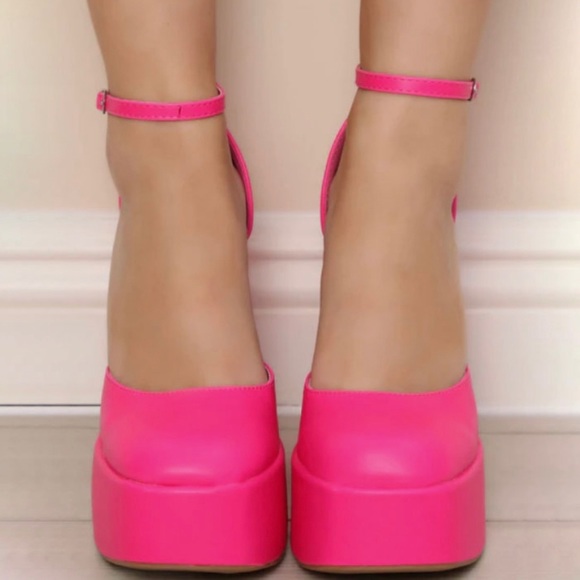 New Pink Mary Jane Platform Chunky Heel Pumps - Picture 2 of 5